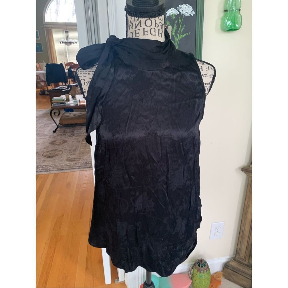 Anthropologie Moulinette Soeurs Blouse Womens 2 Tie Neckline Satin Floral Black